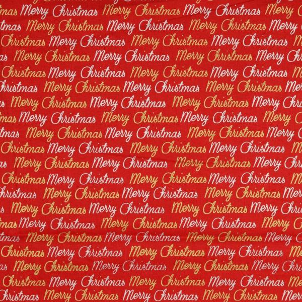 Baumwolldruck Merry Christmas in Gold und Silberglitzerschrift auf Rot